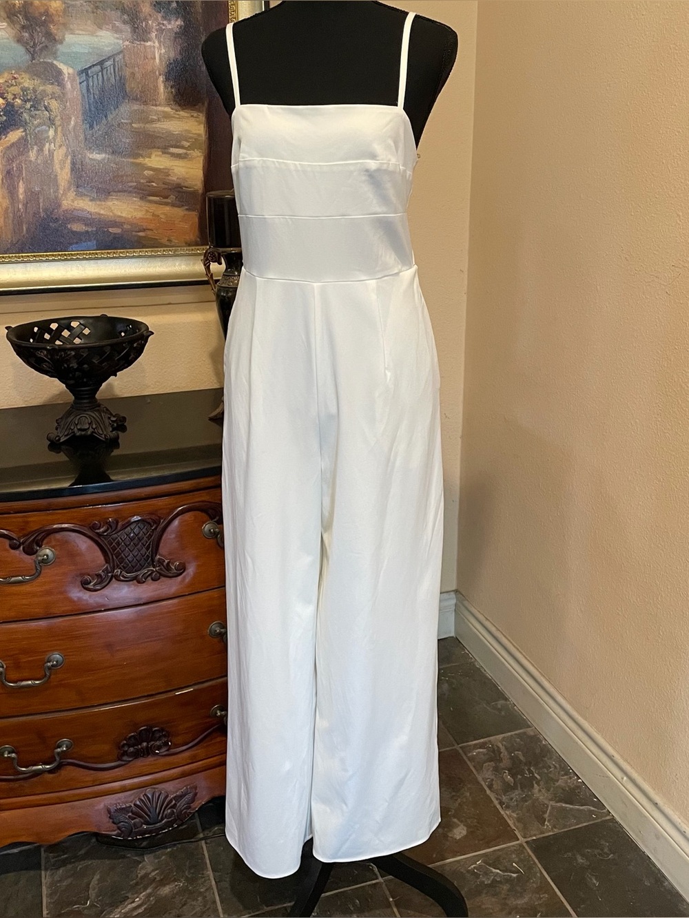 francesca's White Wide-Leg Jumpsuit M Square Neck Sleeveless Bow